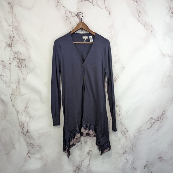 Logo by Lori Goldstein Cardigan Size Small V Neck Blue Chiffon Lace Trim Tunic - Picture 1 of 11